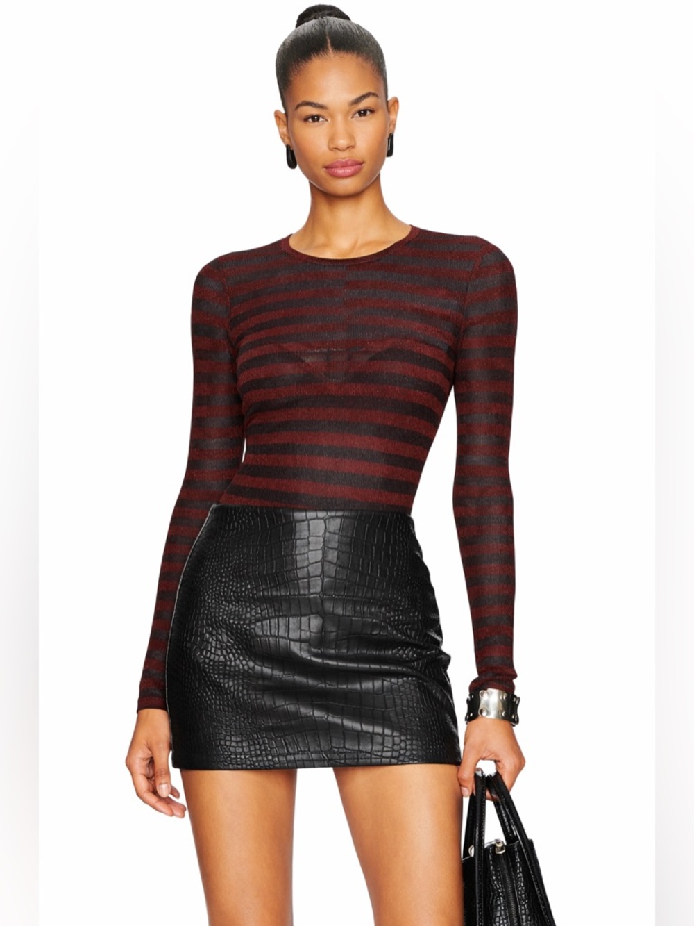 Ronny Kobo Chani chenille velvet striped long sleeve bodysuit XS Burgundy Black